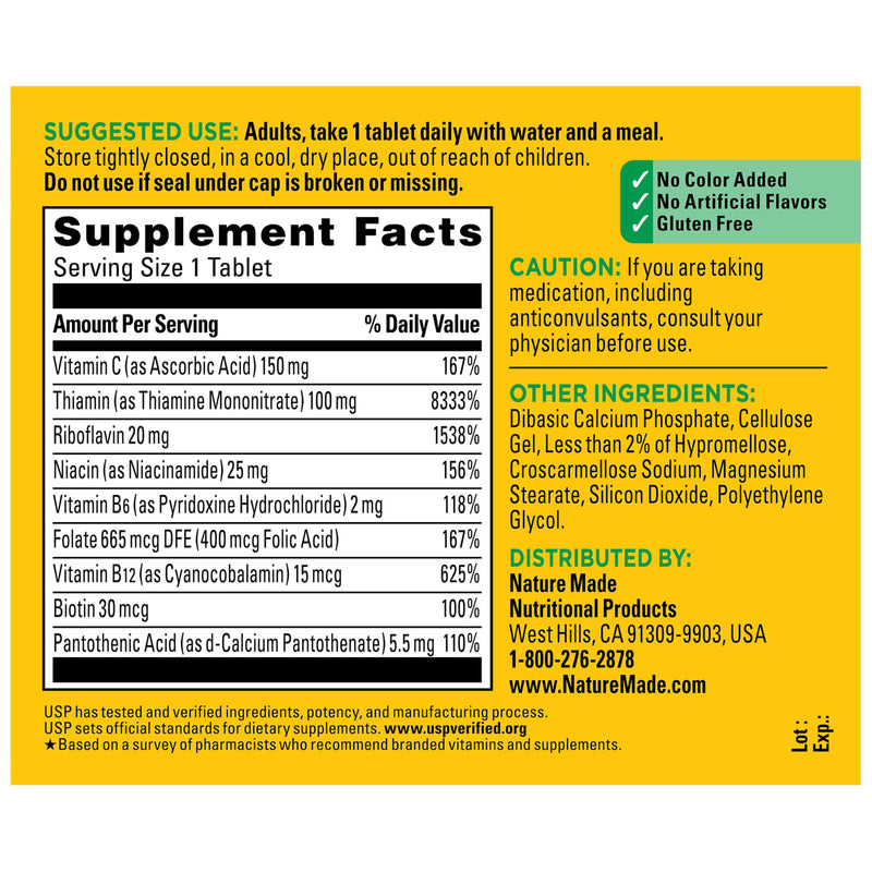 Nature Made Super B Complex with Vitamin C & Folic Acid, 140 Tablets | B Complex Vitamins for Women and Men, Dietary Supplement for Immune Support, Gluten Free, 140 Day Supply 140 Count (Pack of 1)