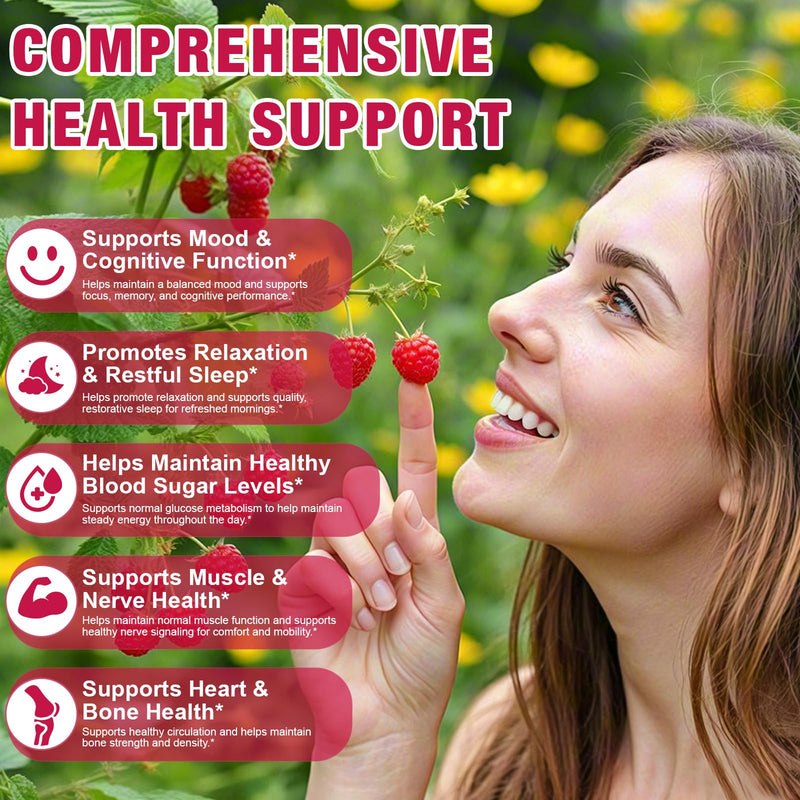 Magnesium Glycinate Gummies – 600mg per Serving – with Vitamin D, B6, Calcium & Potassium – Supports Muscle Function, Tiredness Reduction & Psychological Function – 120 Raspberry Gummies – Sugar-Free