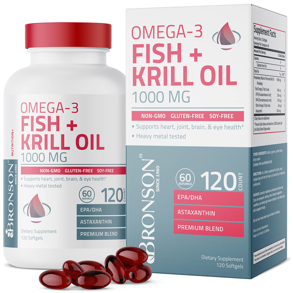 Bronson Omega-3 Fish + Krill Oil 1000 MG EPA DHA Astaxanthin Premium Blend - Joint, Brain & Eye Health - Non GMO, Heavy Metal Tested, 120 Softgels 1 Count (Pack of 120)