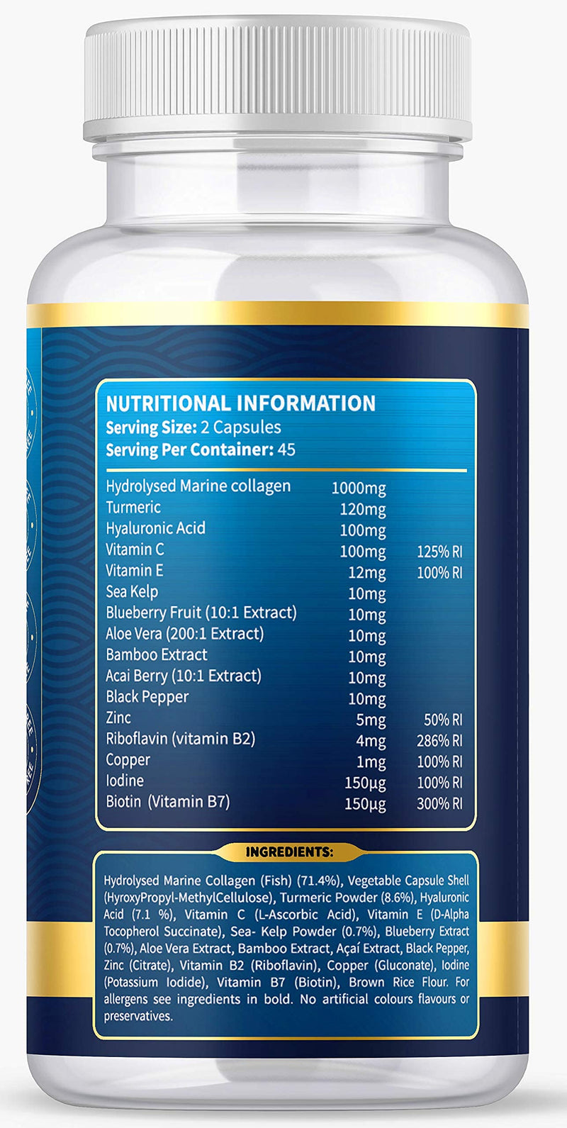 High Strength Marine Collagen 1400MG Tablets - with Turmeric & Kelp - Skin, Hair, Nails & Joints - with Hyaluronic Acid, Blueberry, Biotin, Vitamin C, E, B2, B7 Minerals - Hydrolysed Type 1 90 Capsule