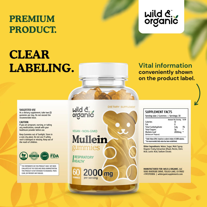 [Australia] - Mullein Gummies for Lung Cleanse and Detox 2000mg - Lung Support Supplement - Organic Mullein Leaf for Lung Health - Mullein Gummies for Lungs - 60 Mullein Leaf Gummies w/Pectin - Mullein Lung Detox 