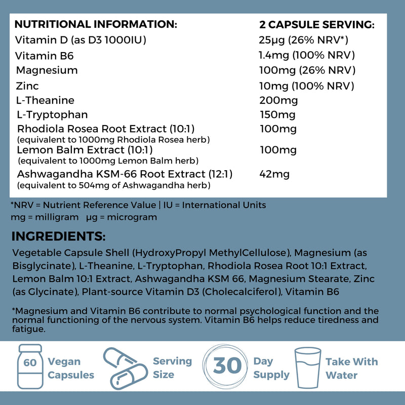 Calm & Sleep Support Capsules – Magnesium Glycinate, Ashwagandha KSM-66, L-Theanine & Lemon Balm for Relaxation, Stress Relief & Night-Time Unwind – 60 Capsules – Calma Pact