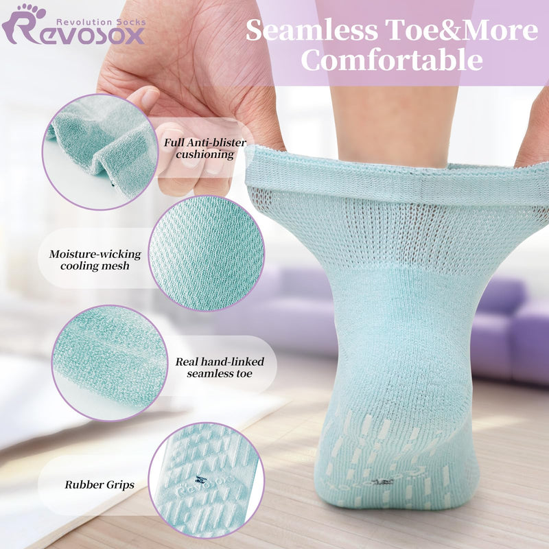 [Australia] - Revosoxs Diabetic Socks with Grippers for Men Women,5 Pairs Socks size 6-9 9-12 Black/Grey/Skyblue/Purple/Pink Large 