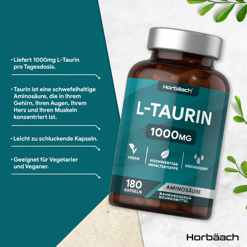 [Australia] - Taurine capsules 1000mg | 180 L Taurine Vegan Piece for Sports & Fitness | Amino acid Taurine | Pre Workout Booster without Caffeine | For 3 months | High dosage | from Horbaach 