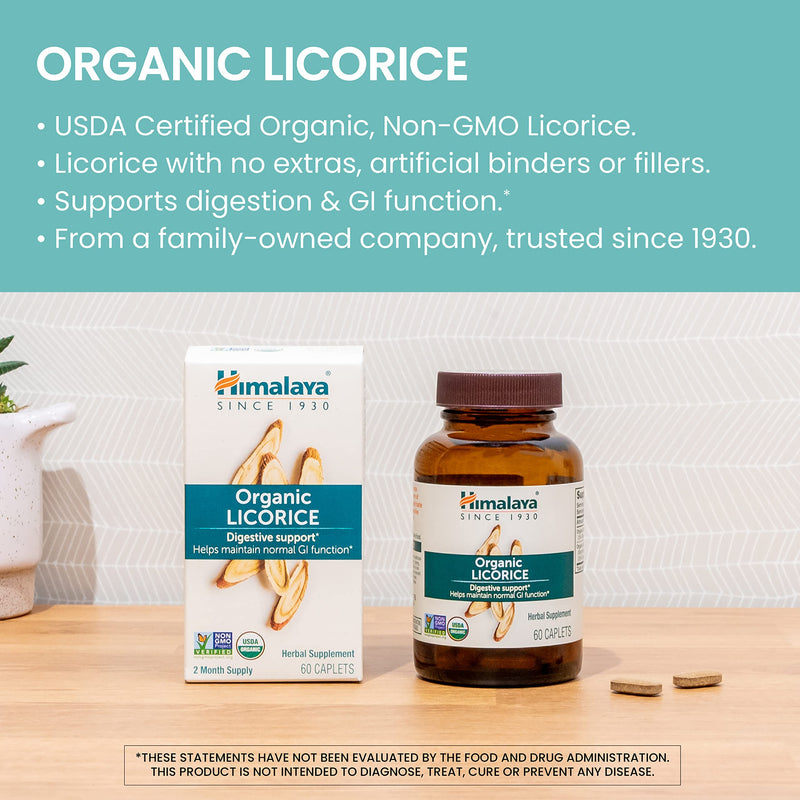 [Australia] - Himalaya Organic Licorice Root Herbal Supplement, Non-DGL, Occasional Heartburn and Indigestion Relief, Upset Stomach Relief, Digestive Support, Non-GMO, USDA Organic, Vegan, 60 Plant-Based Caplets 60 Count (Pack of 1) 