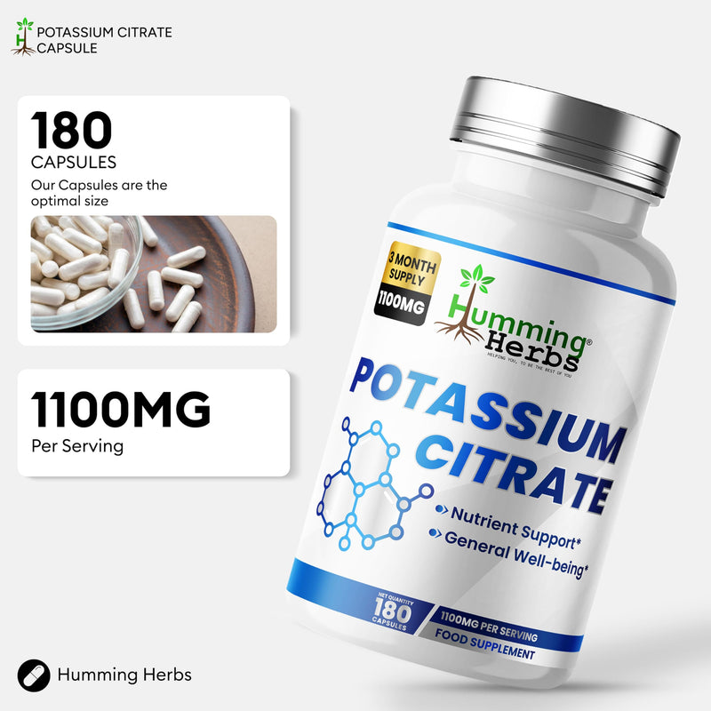 Humming Herbs Potassium Citrate Supplement | 1100 mg per Serving Delivering 398 mg Potassium | 180 Vegan Capsules | 90 Day Supply