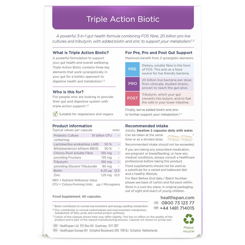 Healthspan Triple Action Biotic | Optimal Gut & Digestion Support | Pre, Pro & Post Gut Health | Chicory Root Fibre | 20 Billion Probiotic Bacteria | Plus Tributyrin | Added Biotin & Zinc | Vegan