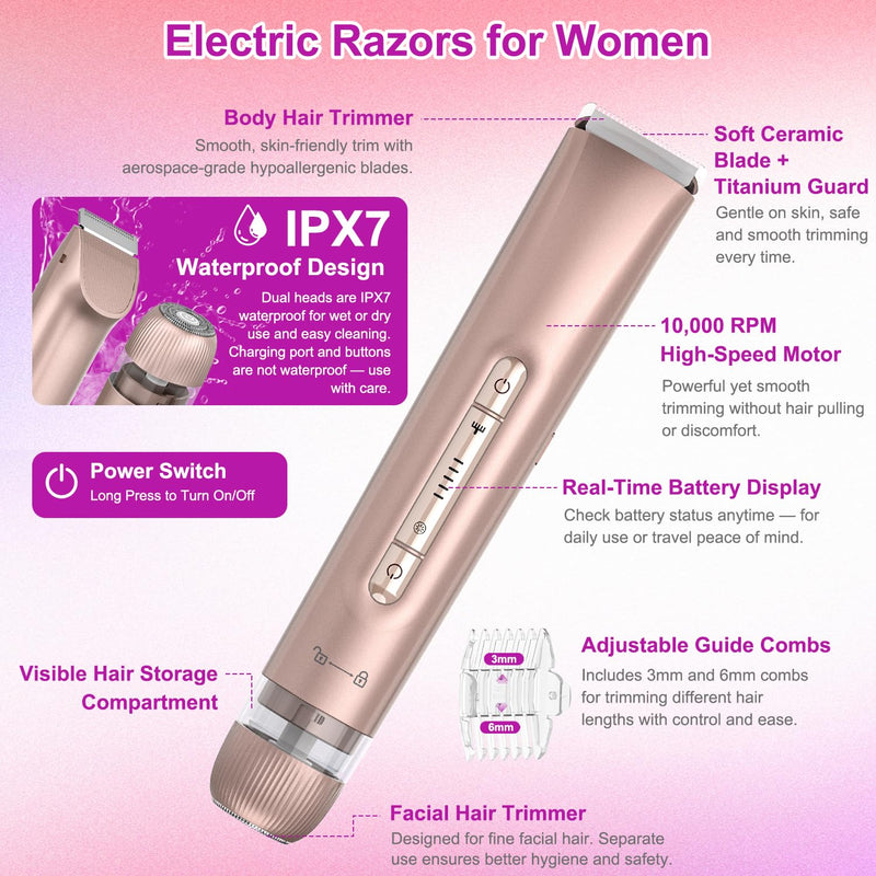 [Australia] - Bikini Trimmer for Women 2-in-1, Dual-Head Electric Razors for Women, IPX7 Waterproof Pubic Hair Trimmer, Facial & Body Electric Shaver, USB Rechargeable, LED Display, Rose Gold 