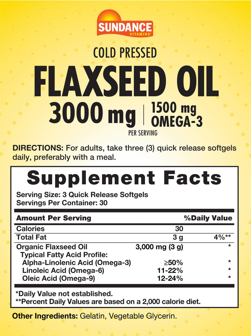 [Australia] - Sundance Flaxseed Oil 3000mg | 90 Softgels | with 1500mg Omega-3 | Cold Pressed | Non-GMO and Gluten Free Supplement 