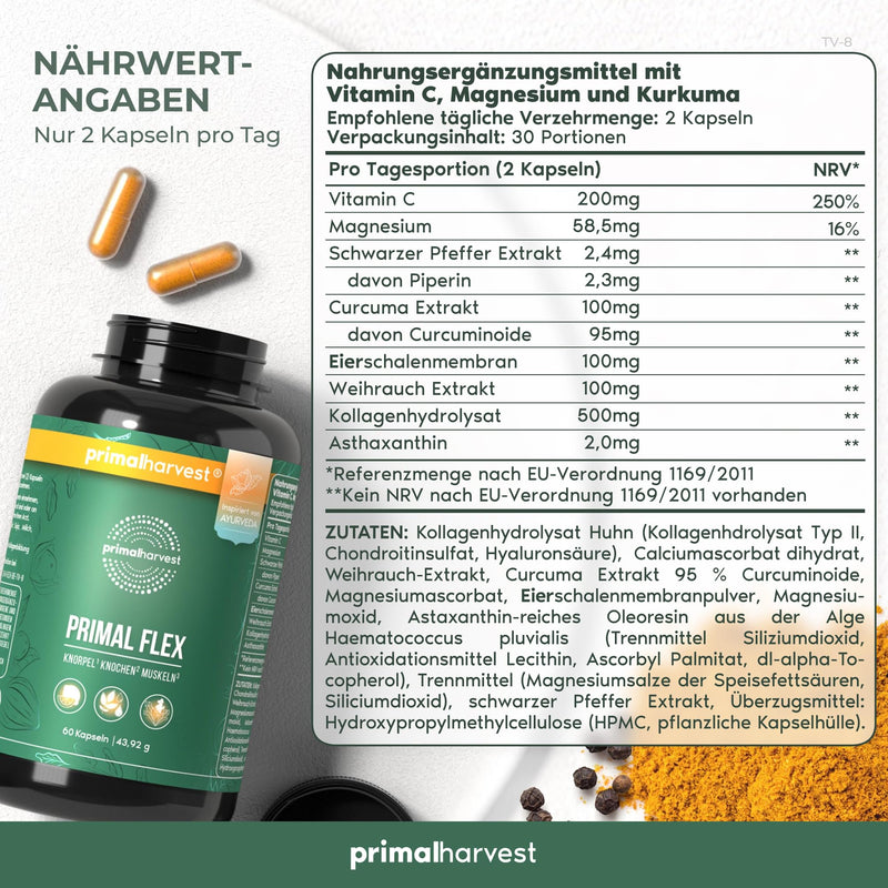 [Australia] - Primal Harvest® Joint Active Plus - 60 high-dose & laboratory-tested capsules with magnesium and vitamin C - hyaluronic acid, collagen original 