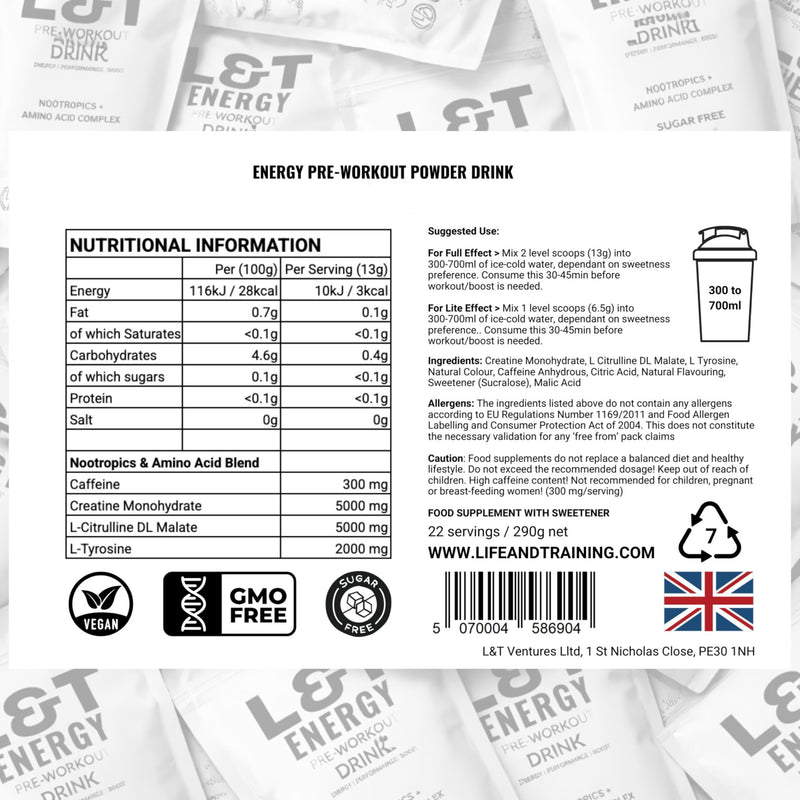 L&T Energy Pre Workout Powder - 13000mg with Caffeine, Creatine, Citrulline & Tyrosine - Sugar Free & No Tingles - Preworkout Energy Drink Men & Women (66 Servings + Gift, Red Berry) 66 Servings + Gift