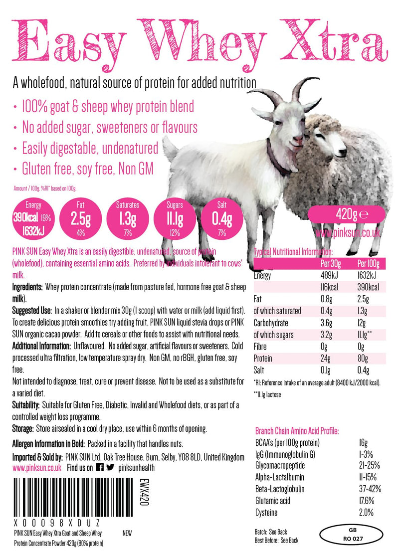 PINK SUN Goat Sheep Whey Protein Powder 420g (80% Protein) Pure Unflavoured Concentrate Soy Free Gluten Free Undenatured Non GM Easy Whey Xtra 420g (Pack of 1)