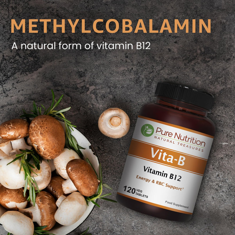 Pure Nutrition Natural Vitamin B12 1500mcg (Methylcobalamin) | 120 Veg Tabs | Vitamin B12 Supplement Helps Support Metabolism, Blood Cells, and Nerves Function* | Non GMO