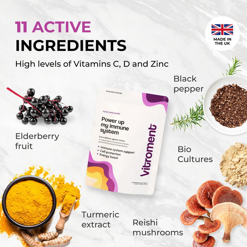 Gut Health and Immune Support Multivitamin & Probiotic Complex - Cognitive Support - with Reishi, Elderberry, Curcumin/Turmeric & Piperine, D3, Vitamin C & Zinc | Vegan, Made in the UK Power up my immune system 60 count (Pack of 1)