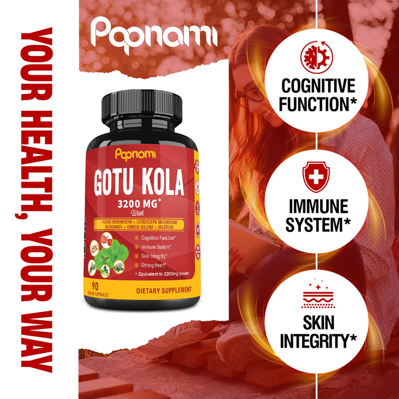 [Australia] - Organic Gotu Kola Extract Capsules - Equivalent to 3200Mg with Reishi, Cordyceps, Rosemary, Gingko Biloba & Valerian Root - 90 Counts for 3 Months - Supports Brain, Immunity, Skin & Heart Health 