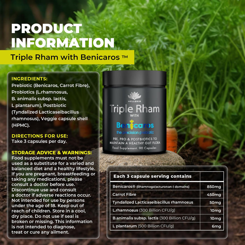 Tribiotic Capsules - Probiotics, Prebiotics & Postbiotics | Triple Rhamnosus with Patented Benicaros ® - 90 Capsules | Tribiotics Maintain a Healthy Gut Flora | GMP Certified Product, Made in The UK