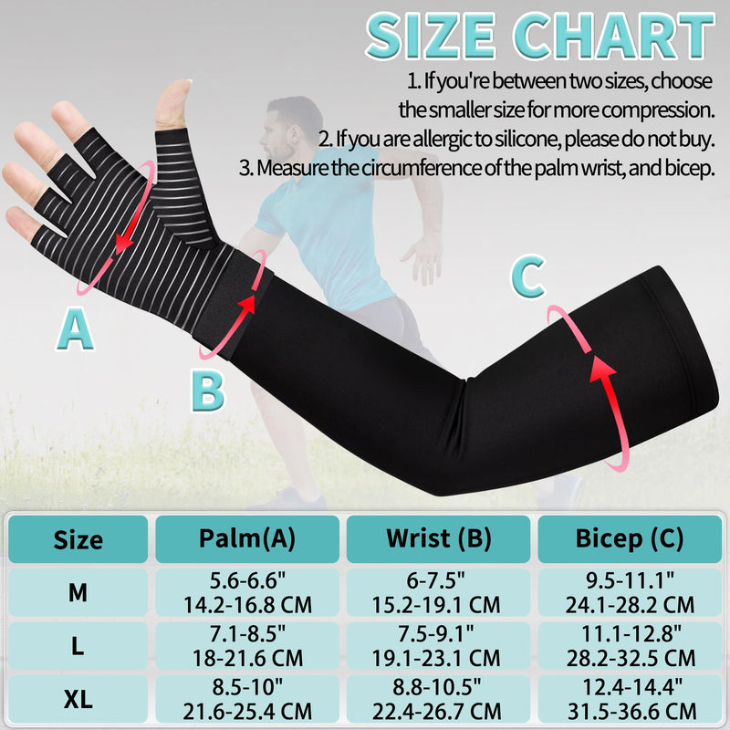 [Australia] - Copper Long Compression Arthritis Glove with Wrist Strap (1 Pcs), 20-30 mmHg Lymphedema Compression Arm Sleeve with Gauntlet, Fingerless Graded Pressure Full Arm and Hand Support for Men Women Right Hand Black Large 