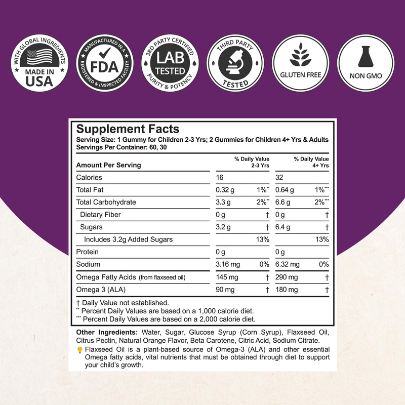 NuBest Omega 3 Gummies for Kids & Teens with Flaxseed Oil | Supports Brain Growth, Mental Clarity, Focus, and Eye Health | No Added Sugar | Orange Flavor | 60 Premium Vegan Gummies | 1 Month Supply