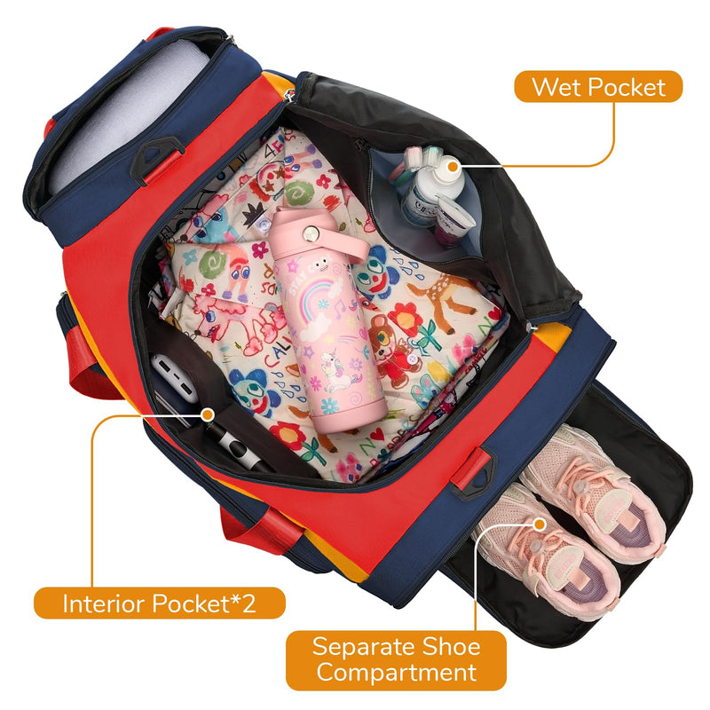 WOOMADA Kids Duffle Bag for Boys or Girls,Weekender Overnight Bag with Shoe Compartment & Wet Pocket Perfect For School, Sports, Overnight Trips(Red Blue) Red Blue