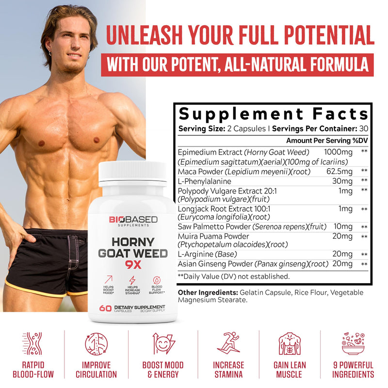 [Australia] - Horny Goat Weed + 9 Ingredients - Pills for Men with Fast Acting Blood for Performance | Build Muscle, Assist Energy | 9 Strategic Backed Ingredients | 3rd Party Tested Supplement - 60 Pills 