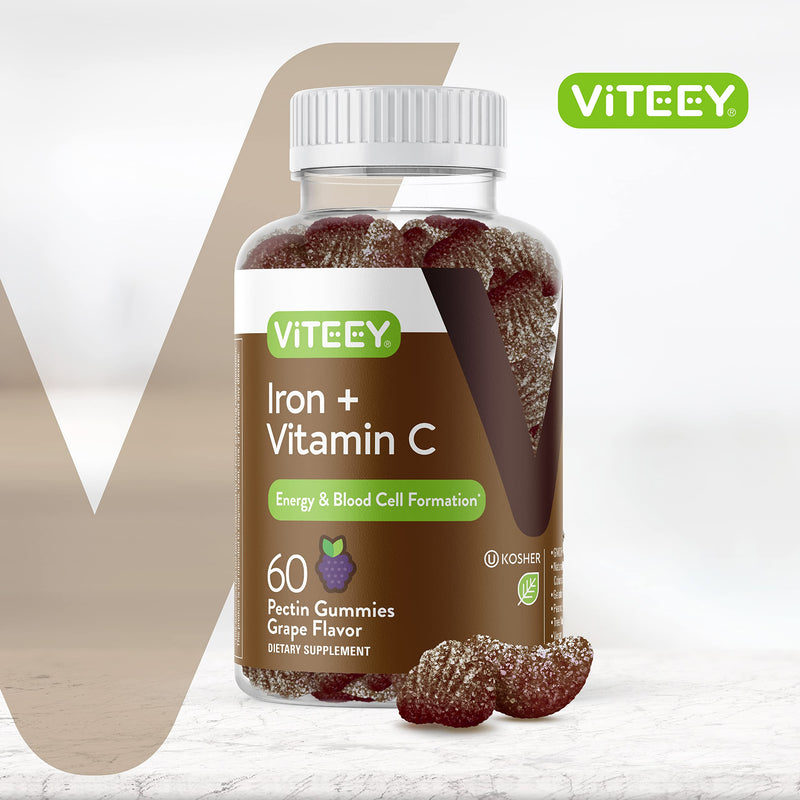[Australia] - Iron Gummies 20mg + Vitamin C 26mg for Iron Deficiency and Anemia, Supports Energy, Blood Cell Formulation, Blood Builder, Vegan Supplements, Gluten Gelatin and GMO Free, Chewable Grape Gummy Chews 60 Count (Pack of 1) 