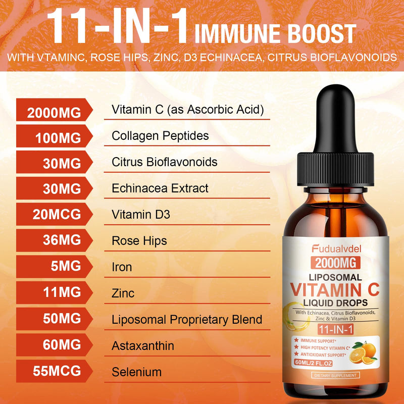 2 Pack Liquid Vitamin C Drops 2000mg, Liposomal Vitamin C Complex with High Absorption, Rose Hips, Echinacea, Citrus Bioflavonoids and Zinc for Immune System Support & Antioxidant Benefits,4 FL Oz. 2 Fl Oz (Pack of 2)