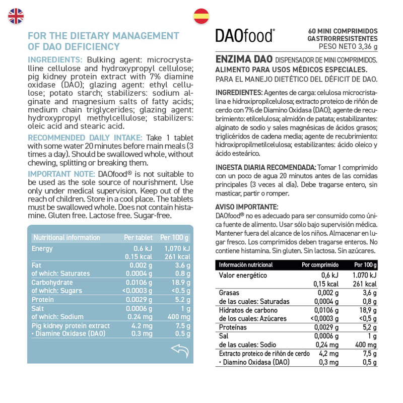 [Australia] - DAOfood - Dietary management for DAO deficiency - Dispenser 60 mini gastro-resistant tablets - DAO enzyme 