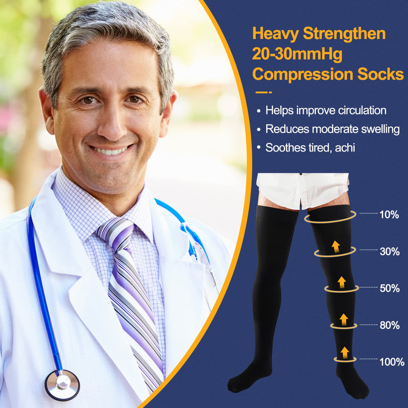 Zhanmai 2 Pairs Thigh High Men's Compression Socks 20-30 Mmhg Compression Stocking with Silicone Grip Men's Dress Socks Large