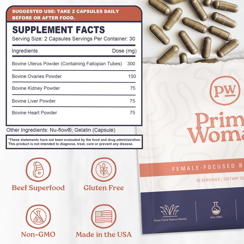 [Australia] - Beef Organ Supplement for Women - Heart, Liver for Women, Grass Fed, Pasture Raised Liver | Primal Beef Organ Capsules Woman (60 Capsules) 