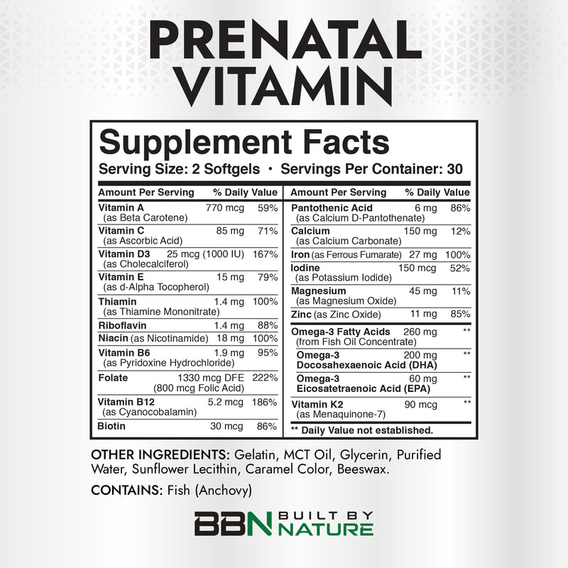 Built by Nature Prenatal Vitamins for Women, 60 Softgels | DHA, Iron, Folic Acid, Prenatal Multivitamin