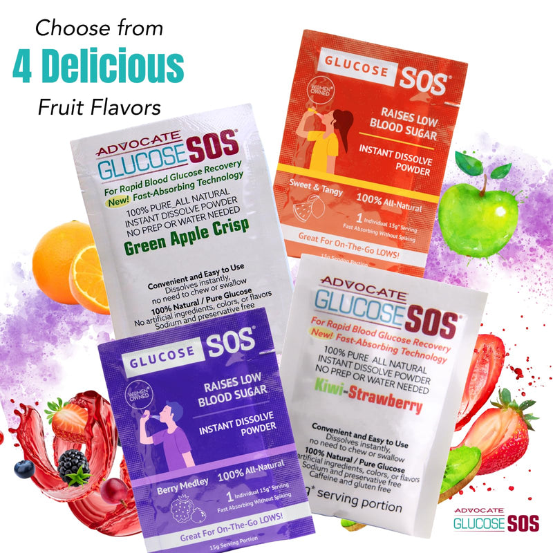 [Australia] - Glucose SOS Glucose Powder - Natural Dextrose Powder Packets - Fast-Absorption - Instantly Dissolves - No Water Needed - 4 Flavor Variety - 24 Packets 24 Servings (Pack of 24) 