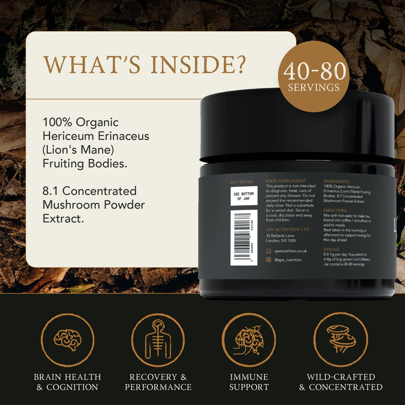 APE Nutrition Organic Lion’s Mane Mushroom Extract Powder - Certified Organic & Wild Crafted, Improves Memory & Focus, UK Supplements, Pure Concentrated Extract, 40G (40-80 Servings) Lion's Mane