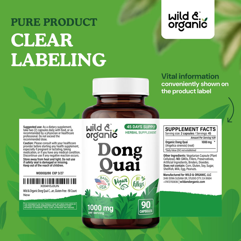 [Australia] - Wild & Organic Dong Quai Capsules for Women - 1000 mg per Serving - Dong Quai Root Supplement - 45-Day Supply - Traditional Angelica Sinensis - Non-GMO, Vegan, Gluten-Free - 90 Count 