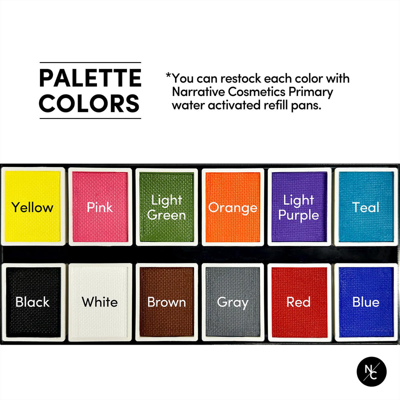 [Australia] - Narrative Cosmetics Primary Colors 12-Pan Palette - Vibrant Water-Activated Makeup for Face & Body Painting - Ideal for Cosplay, Theater & Artistic Makeup Creations 