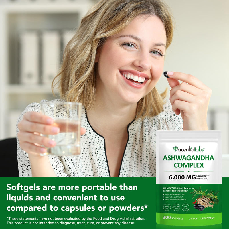 Ashwagandha KSM-66 Ashwagandha Softgels 6000mg Complex Ashwagandha Root Extract with MCT Oil & Black Pepper | Ashwagandha Powder Herbal Supplements for Women & Men