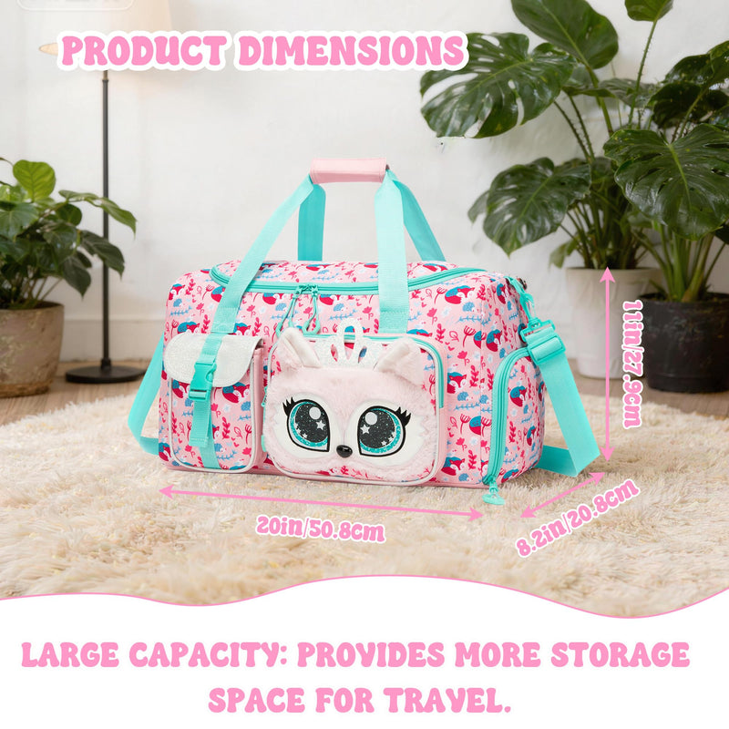 Kids Duffle Bag Girls Travel Bags for Kids Soft Plush Dance Bag Overnight Bags for Girls with Shoe Compartment Christmas Birthday Gifts for Kid Pink Princess Fox