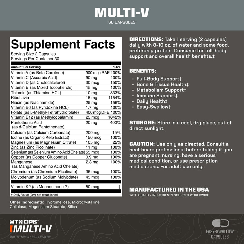 MTN OPS Multi-V Daily Multivitamin for Men & Women, 90 Capsules | Daily Multivitamin, Vitamins & Minerals, Men & Women, Immune & Energy Support Multi-V Capsules - Gender Neutral