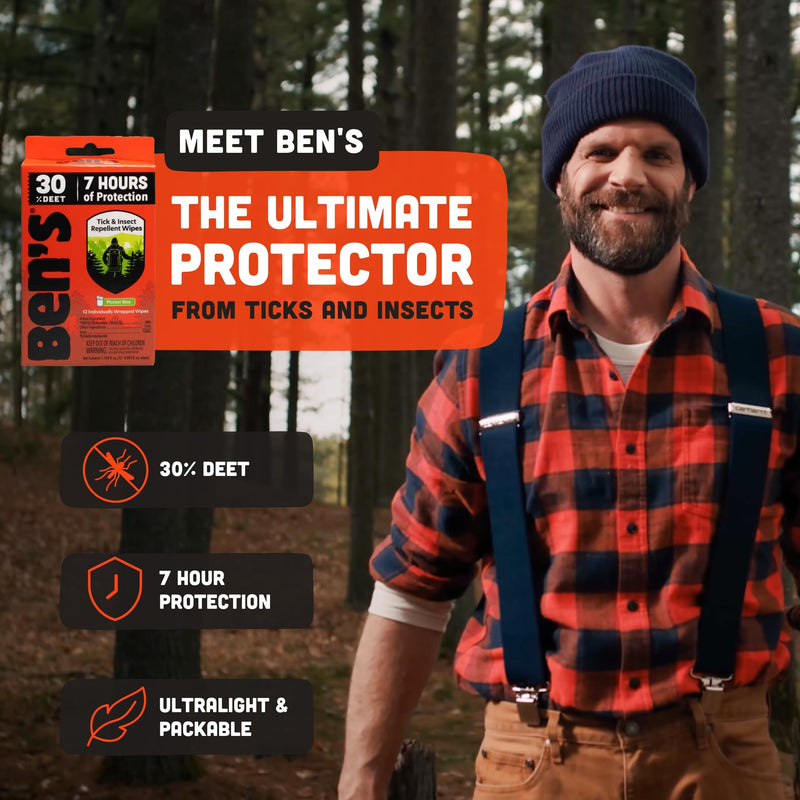 [Australia] - Ben's Tick & Insect Repellent Wipes - 30% DEET for Mosquitoes, Ticks & More - Up to 7 Hours of Protection - Alcohol- & Fragrance-Free - 12 Wipes (4 Pack) 