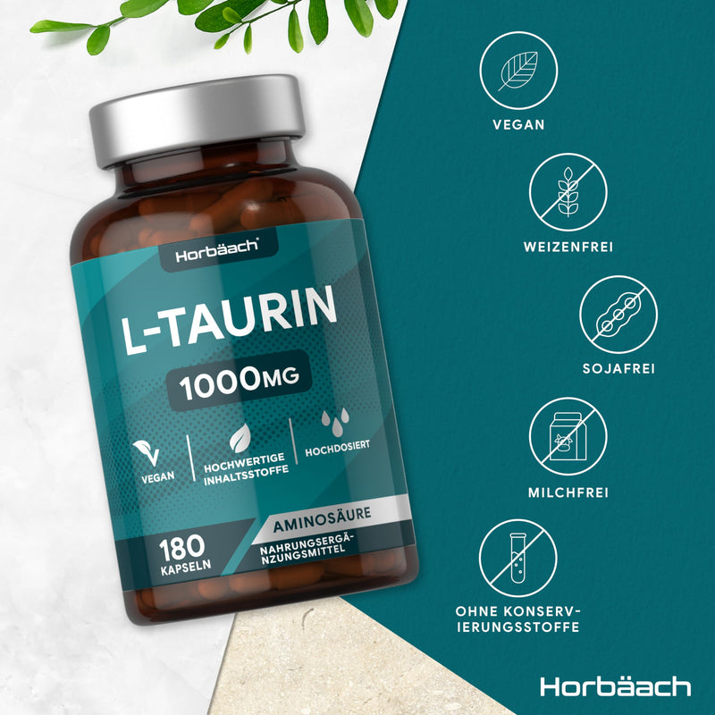 [Australia] - Taurine capsules 1000mg | 180 L Taurine Vegan Piece for Sports & Fitness | Amino acid Taurine | Pre Workout Booster without Caffeine | For 3 months | High dosage | from Horbaach 