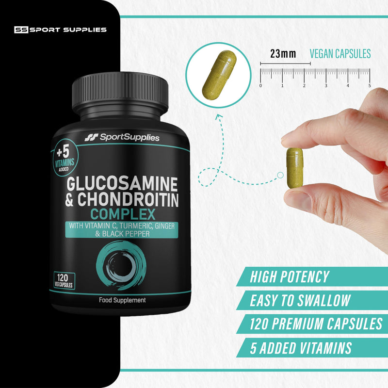 Glucosamine and Chondroitin High Strength Plus 5 Vitamins - 120 Complex Capsules 1,000mg (Providing 530mg Base) - Chondroitin 200mg - Added Turmeric, Ginger, Black Pepper, Vitamin C, B6, B1, D3 & B12