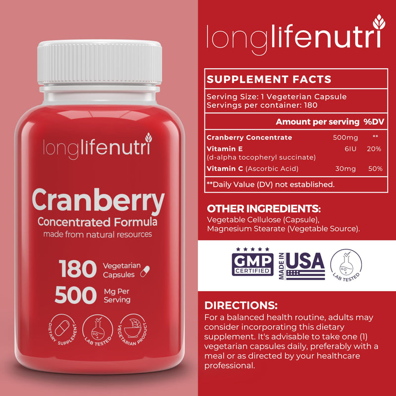 Cranberry Extract with Vitamin C & E - Pure Concentrated Formula, 500mg per Serving, 180 Vegetarian Capsules, Urinary Tract Health & Bladder, 6 Month Supply, Made in USA