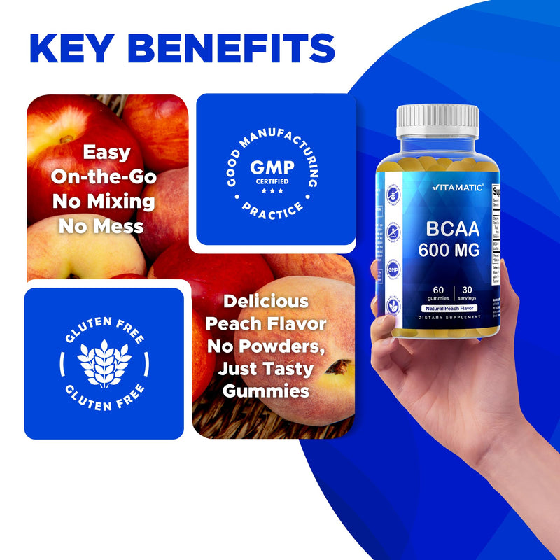 Vitamatic BCAA Gummies - Branch Chain Amino Acid Supplements - Peach Flavor - 600mg per Serving - 60 Vegan Pectin Based Gummies