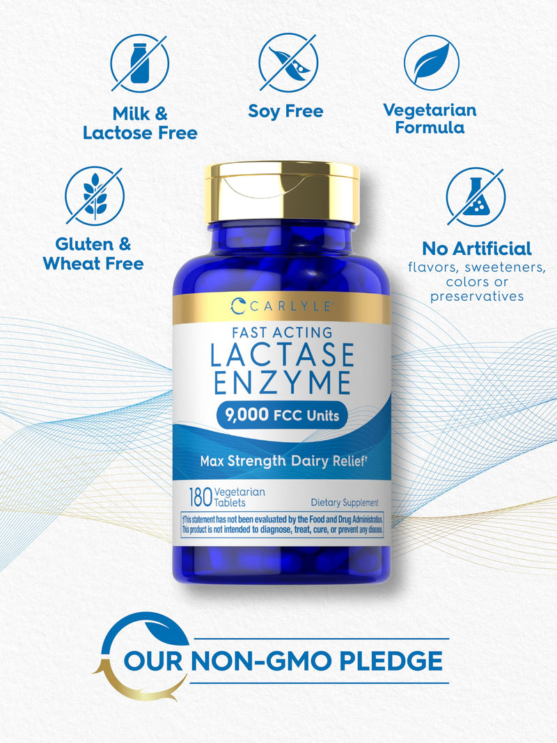 [Australia] - Carlyle Fast Acting Lactase Enzyme Pills | 9000 FCC | 180 Tablets | Dairy Relief Supplement | Max Strength Support | Non-GMO, Gluten Free Supplement 