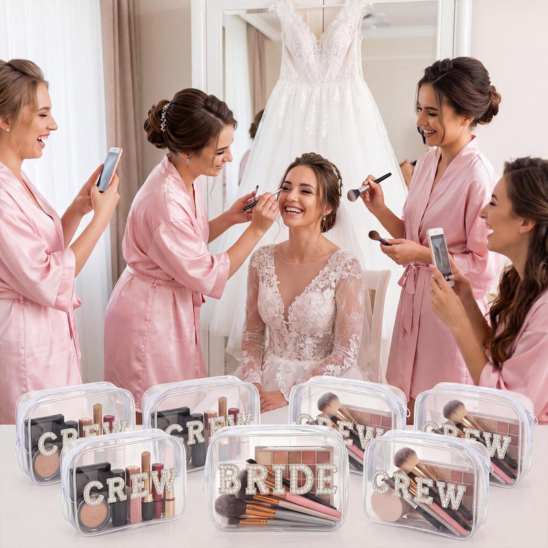 Kacctyen 6 Pack Bride Crew Clear Makeup Bag Gifts for Bridesmaids Bridal Party Engagement Cosmetic Bag Bling Pearl Rhinestone Letter Patches Waterproof Bags Wedding Party Bachelorette Favors