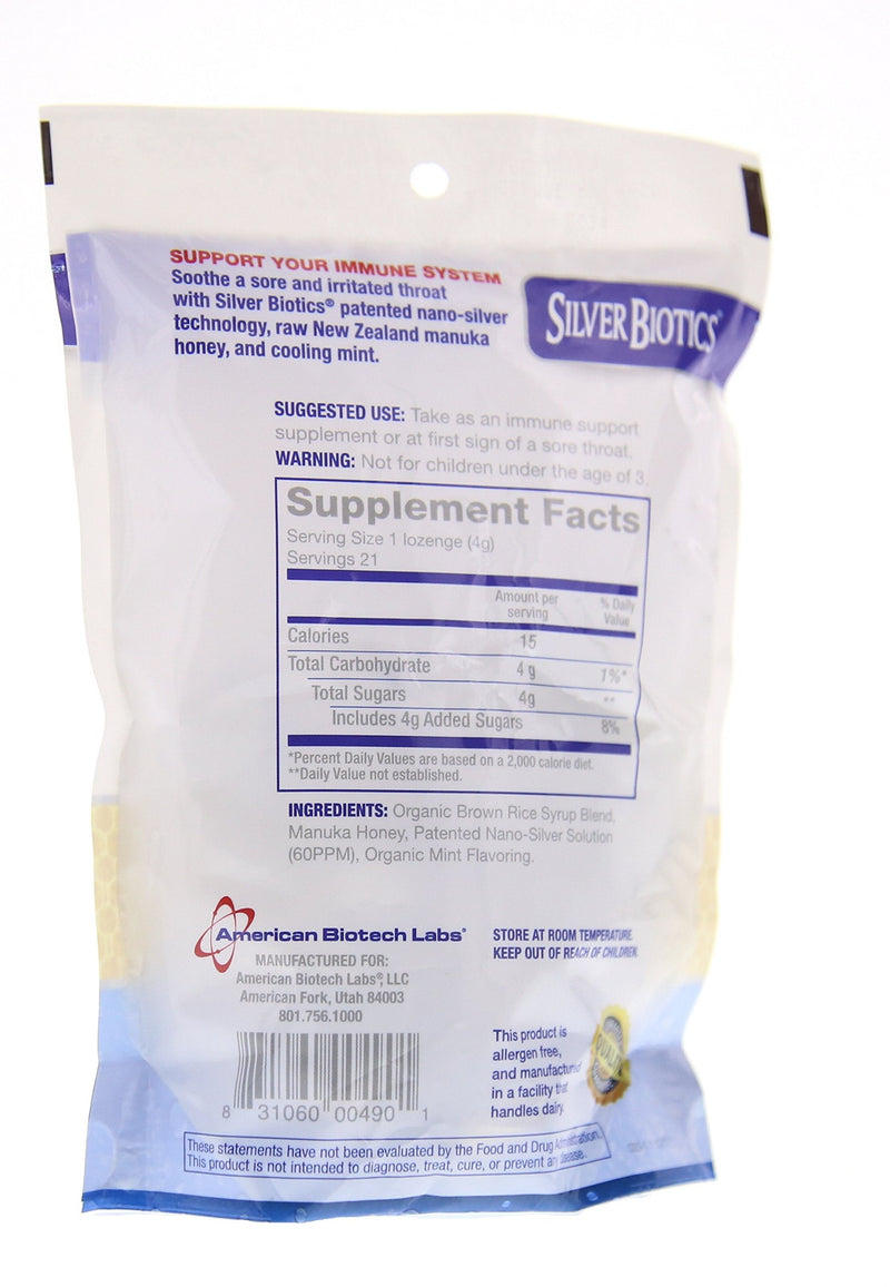 [Australia] - American Biotech Labs Silver Biotics Silver Lozenges w/60ppm SilverSol and Manuka Honey, Mighty Manuka Mint (21 Count) (2 Pack) 