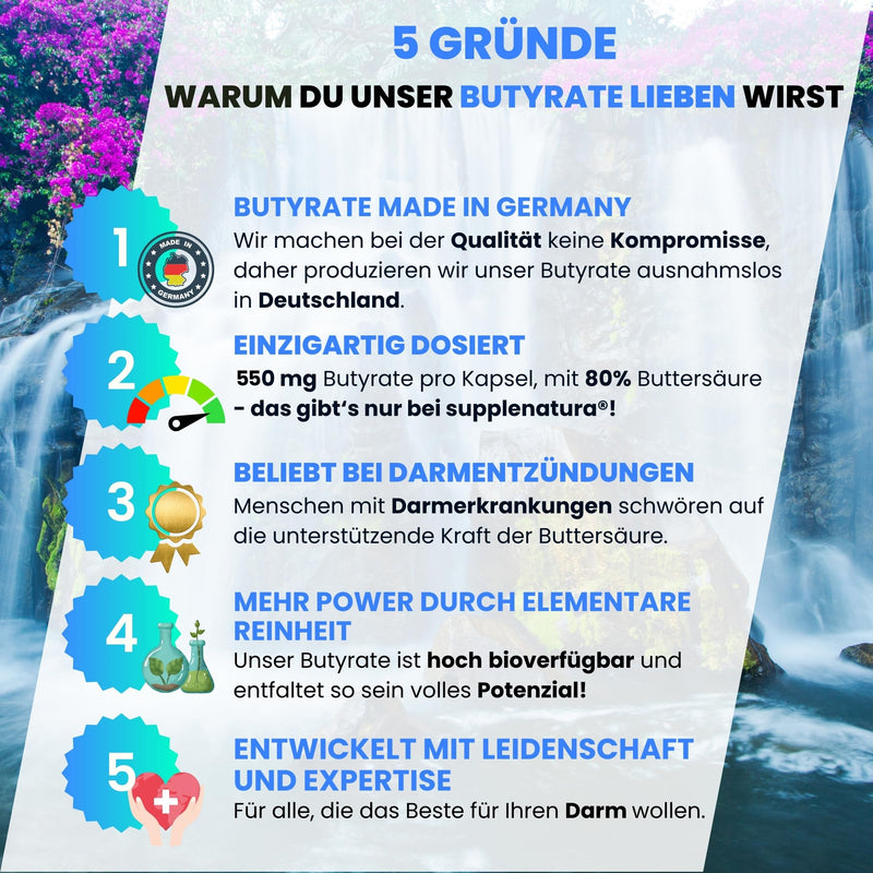 [Australia] - Butyrate capsules (180 capsules) PREMIUM: 550mg per capsule with 80% butyric acid | Sodium Butyrate Capsules - German Made - SUPPLENATURA® 180 pieces (pack of 1) 