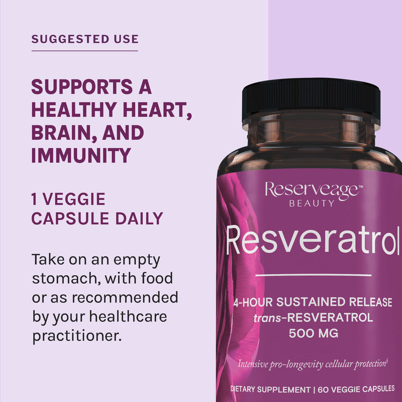 [Australia] - Reserveage Beauty, Resveratrol 500 mg, Antioxidant Supplement for Heart and Cellular Health, Supports Healthy Aging and Immune System, Paleo, Keto, 60 Capsules Unflavored 60 Count (Pack of 1) 