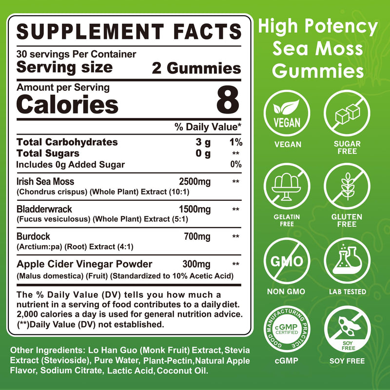 [Australia] - Sea Moss Gummies - Irish Sea Moss Gummies for Adults & Kids - Advanced Superfood Seamoss Supplement with Organic Bladderwrack & Burdock Root ExtractÔºåACV for Daily Immune, Gut Cleanse, Vegan, 60 Counts 60 Count (Pack of 1) 