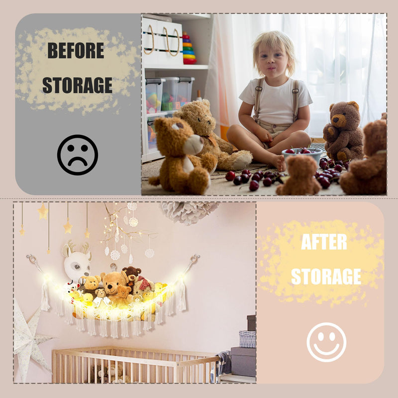[Australia] - Stuffed Animal Hammock with LED Light, Toy Hammock for Stuffed Animals Storage for Kids Room Decor, Stuffed Animal Hammock Corner, White Large-(Package of 1) 
