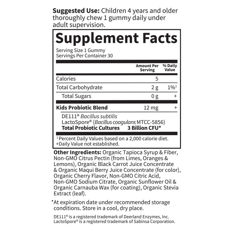 Garden of Life Kids Probiotic 3 Billion CFU, Cherry Flavor Gummies - Sugar Free Once Daily Probiotics for Kids, Probiotics plus Fiber for Children's Digestive & Immune Health, 30 Vegetarian Gummies 30 Count (Pack of 1)